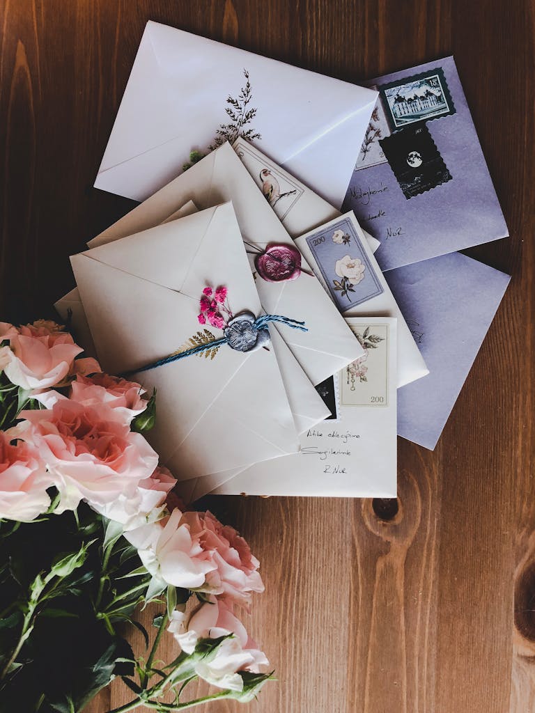 From above composition of letters with stamps placed near bouquet of delicate pink roses with green leaves on wooden desk