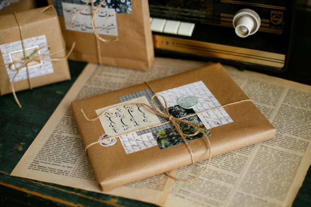 Rustic wrapped gifts on a vintage radio with an open antique book, creates an old-world charm.