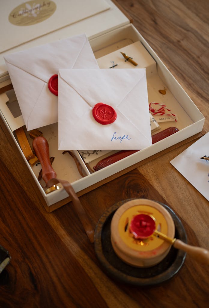 Stylish wax-sealed envelopes with a sealing kit on a wooden table, perfect for vintage correspondence themes.
